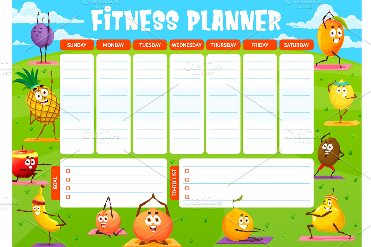 Cartoon fruits on yoga fitness, a Food Illustration by Vector Tradition ...