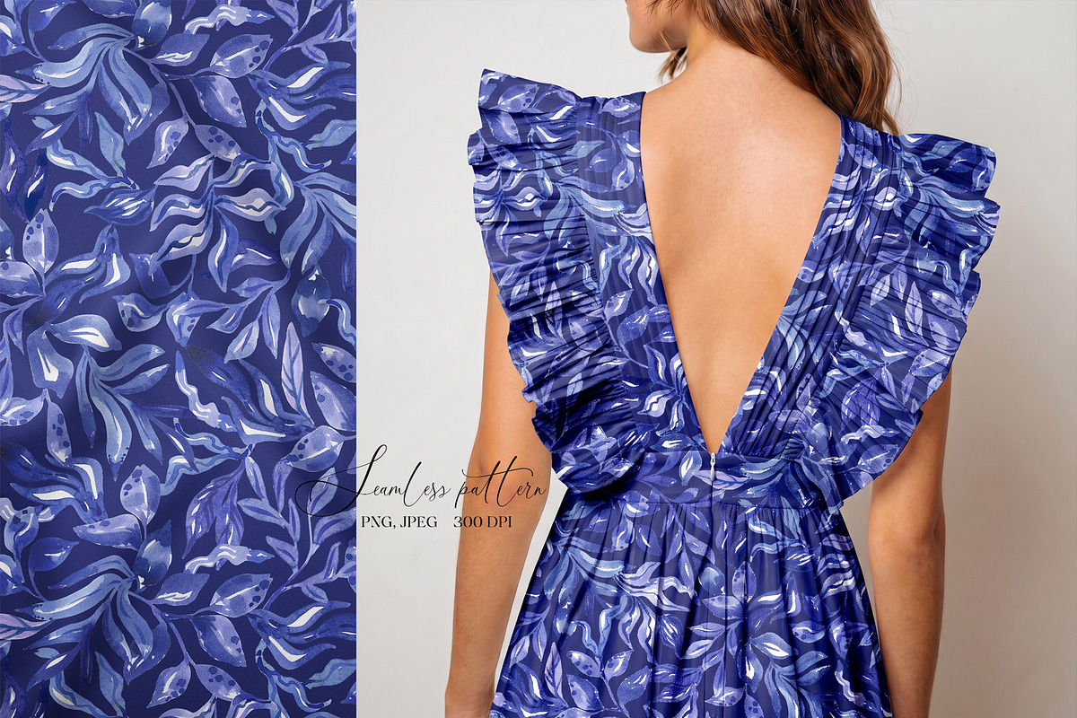 Blue Watercolor Foliage Repeat Print, a Pattern Graphic by SirenaArt (Photo 8 of 17)