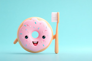 Happy donut character promoting dental hygiene with a toothbrush in a light blu, a Food & Drink Photo by AlyaAnd