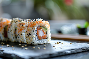 Assorted tasty sushi food on black board, a Food & Drink Photo by AlyaAnd