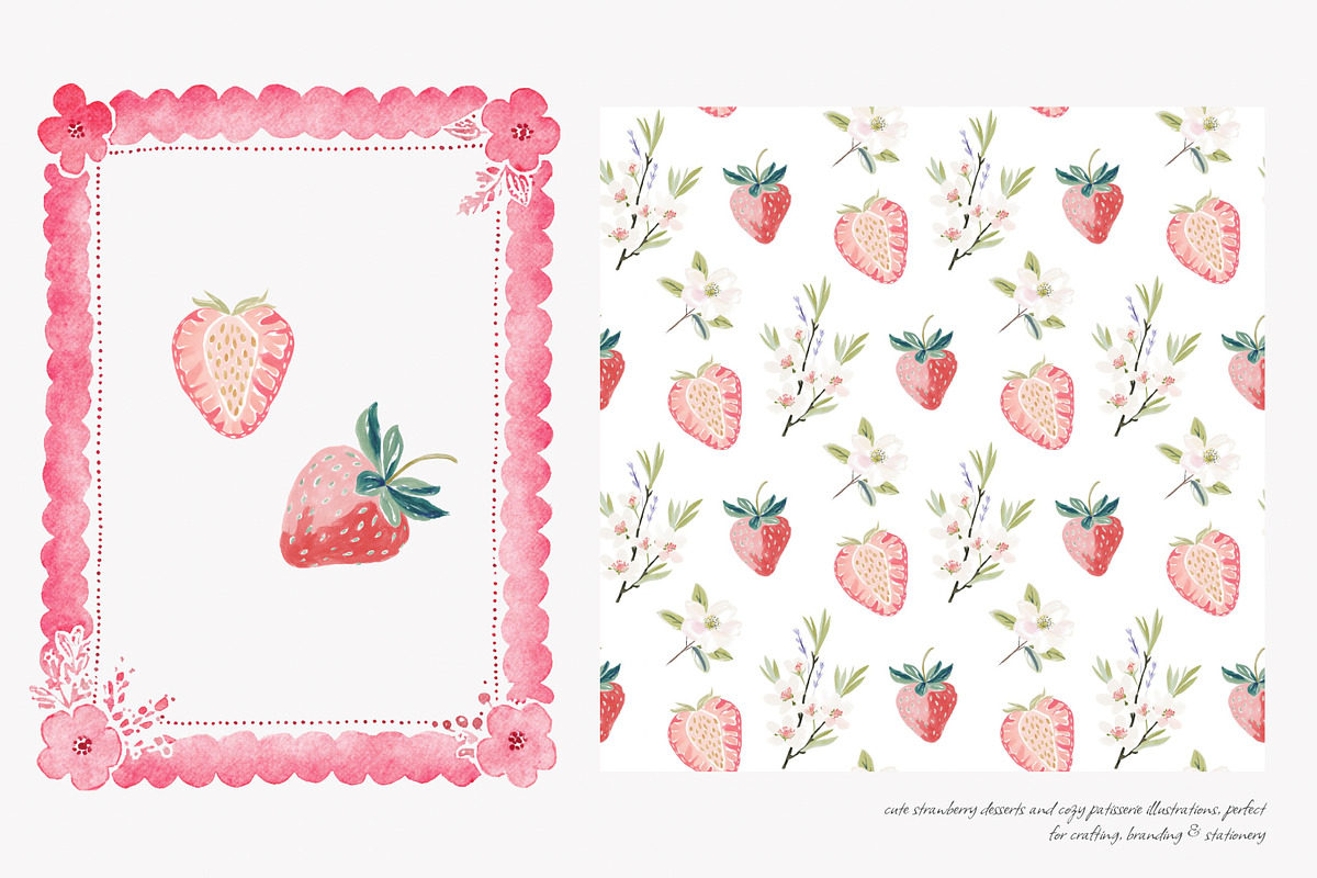 strawberry watercolor clipart set, a Decorative Illustration by Patishop Art (Photo 3 of 6)