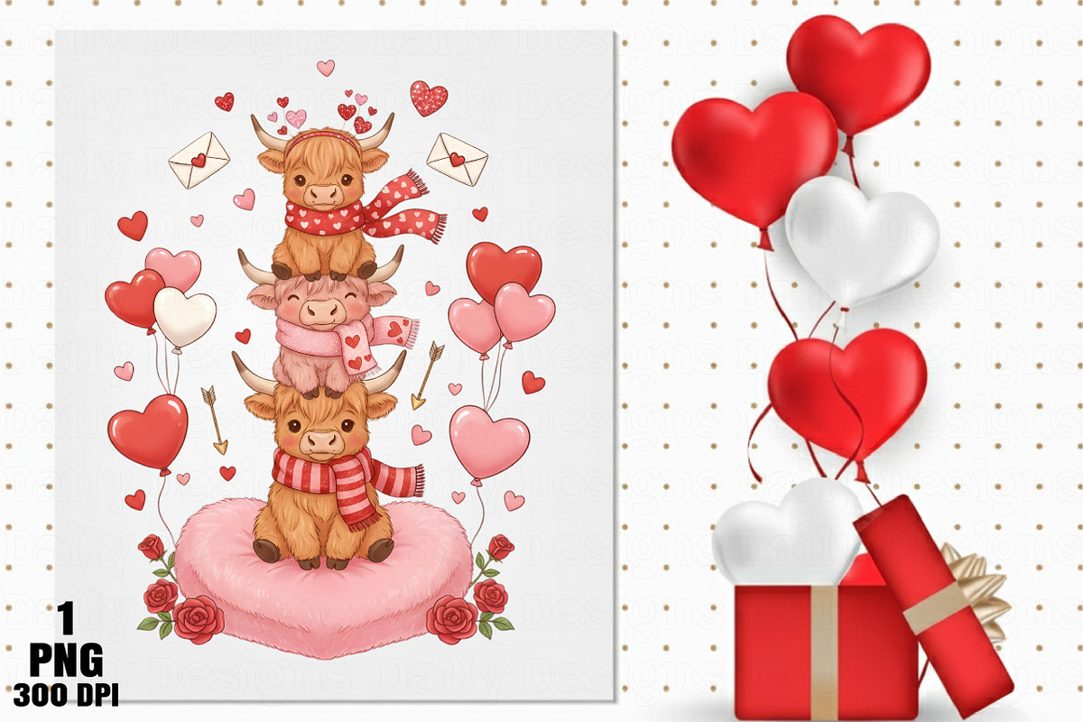 Valentine Highland Cow Stack PNG, an Illustration by Daily.Designs (Photo 4 of 5)