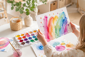 Child creates colorful art at home, a Photo by Beautiful things