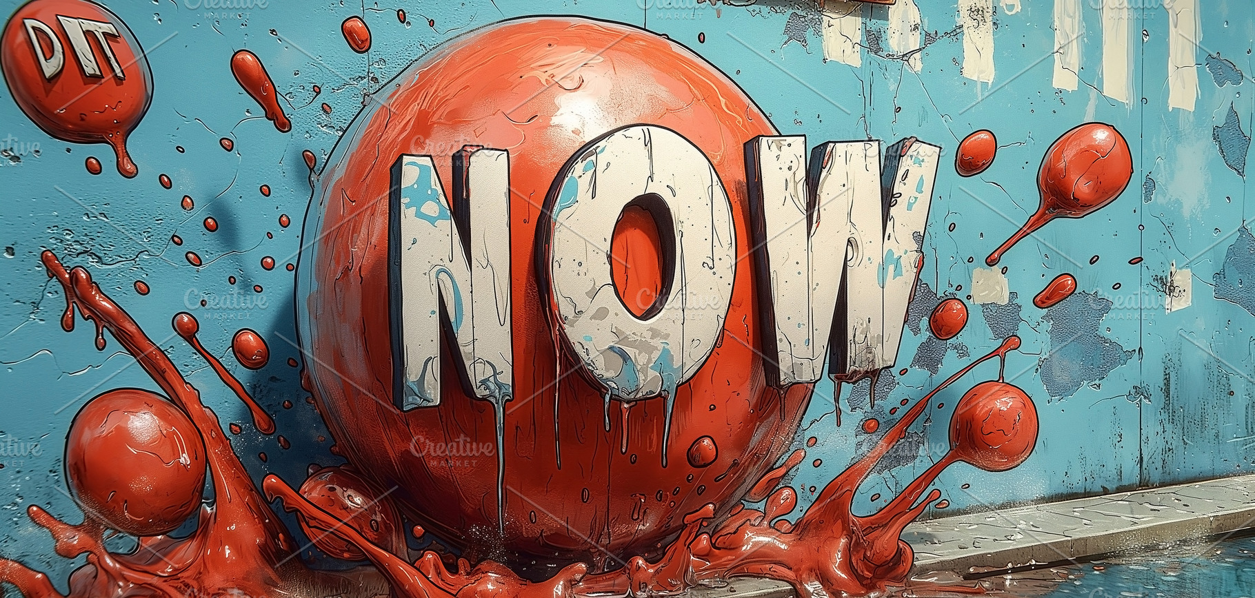 A vibrant street art piece featuring an eye-catching red sphere and the word 'N, a Background Photo by ImageMir