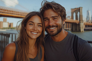American couple smiling near steel structure on a sunny day in a, a Person Photo by AlyaAnd
