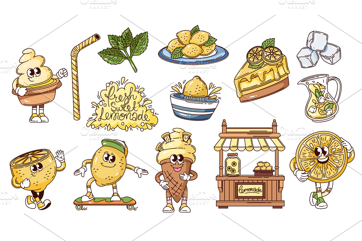Lemonade Groovy Cartoon Collection, a Food Illustration by VictoriaSergeeva