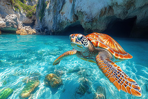 Underwater view of a sea turtle swim, a Photo by Tanuart