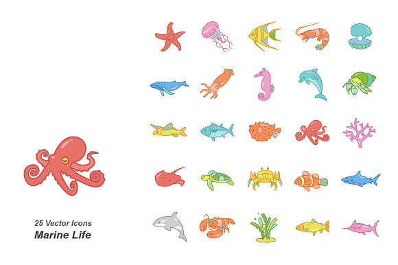 Marine Life Color Vector Icons