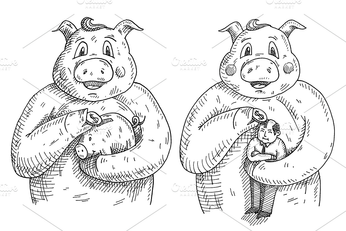 Pig holding piggy bank with money, an Animal Illustration by MoreVector