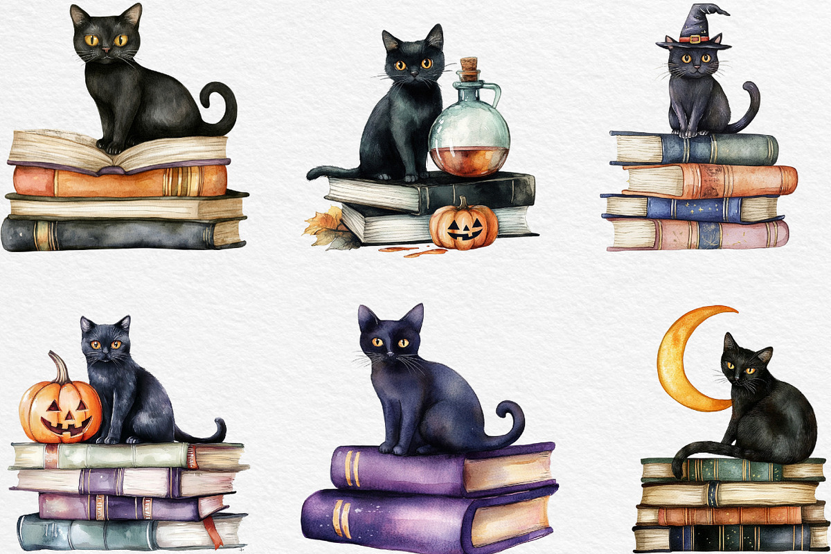 Halloween Black Cat On Books Clipart, an Illustration by Black Bird Studio (Photo 2 of 6)