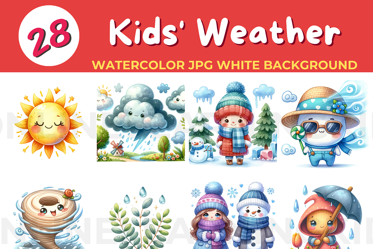 Kids' Weather watercolor JPG white b, a Seasonal Illustration by John_Walker (Photo 1 of 3)