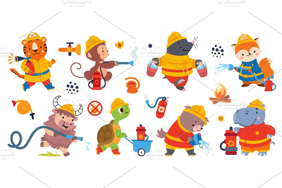 Fireman animals. Cute cartoon animal, an Animal Illustration by Valerie Bodnar