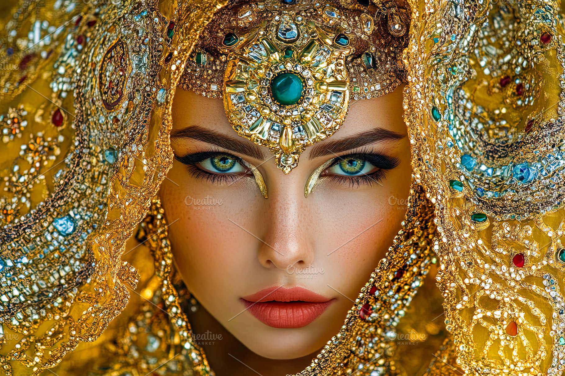 Enchanting Woman in Golden Jewel-Adorned Veil, a Person Photo by Ales Munt