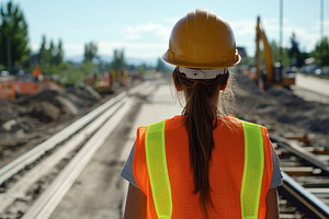 Construction worker wearing in uniform and building railway lines, an Industrial Photo by AlyaAnd