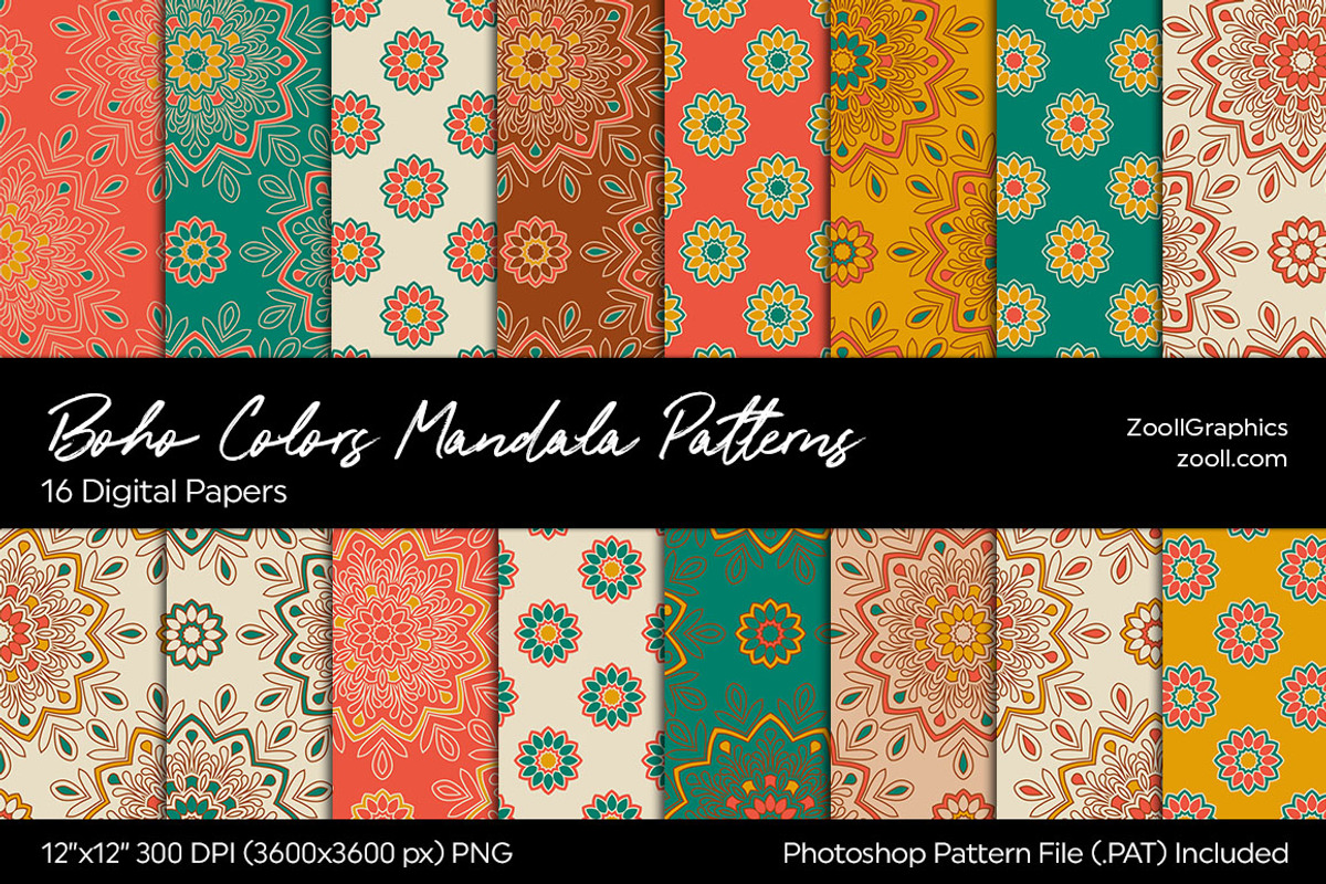 Boho Colors Mandala Digital Papers, a Pattern Graphic by ZoollGraphics