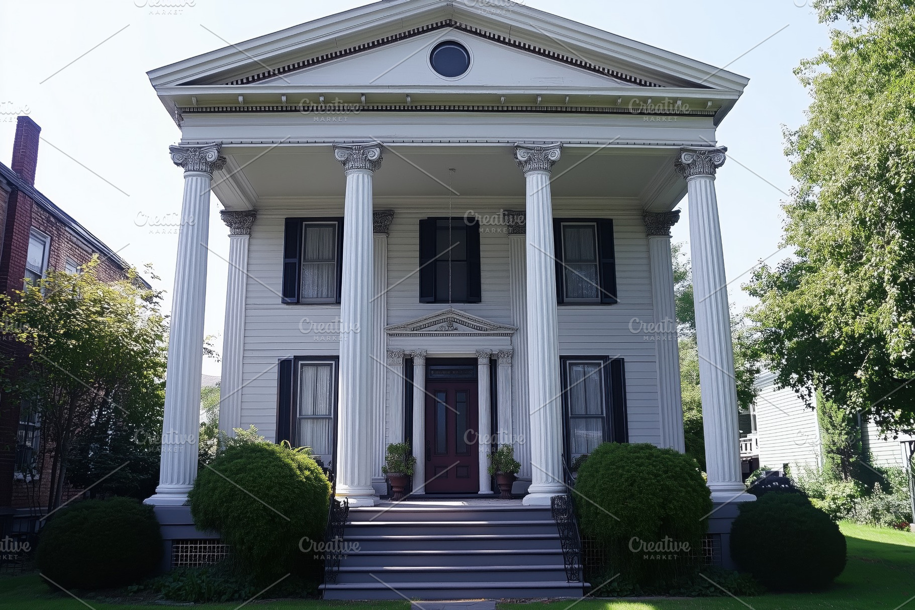 A classic Greek Revival style house with four tall columns, a ...