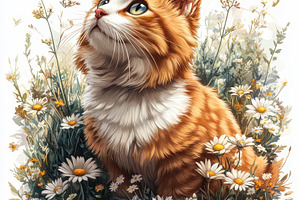 Orange tabby kitten in daisy field g, an Animal Photo by Pixeness Studio