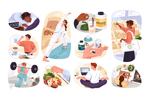 Healthy lifestyle, daily routine set, a Person Illustration by PaperTrident