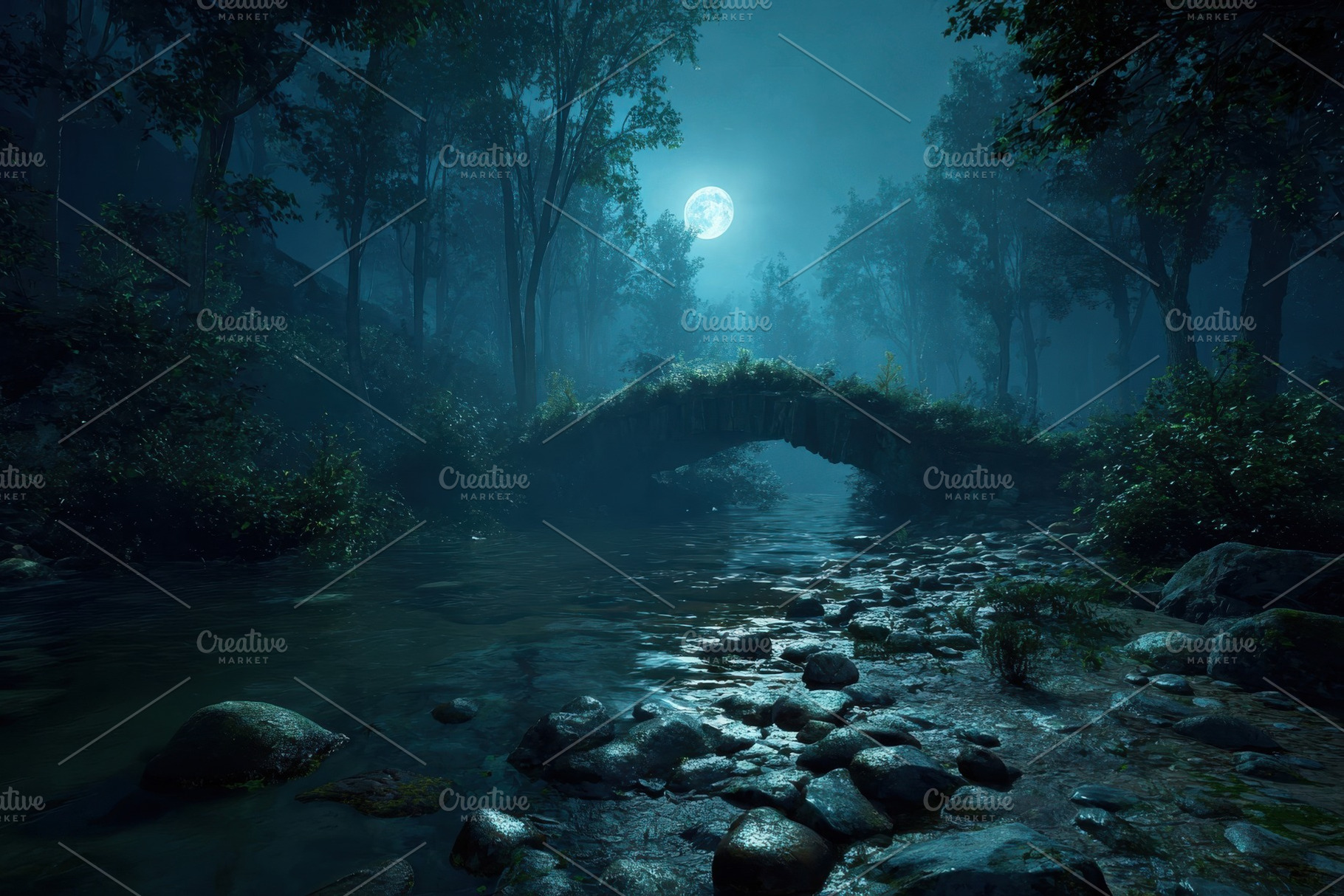 Moonlit Forest River Stone Bridge Ni, a Photo by Pixeness Studio