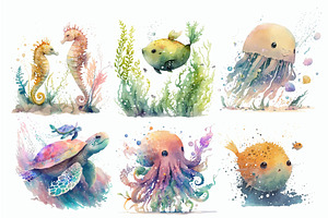 Seahorse, Fish, Jellyfish, Octopus