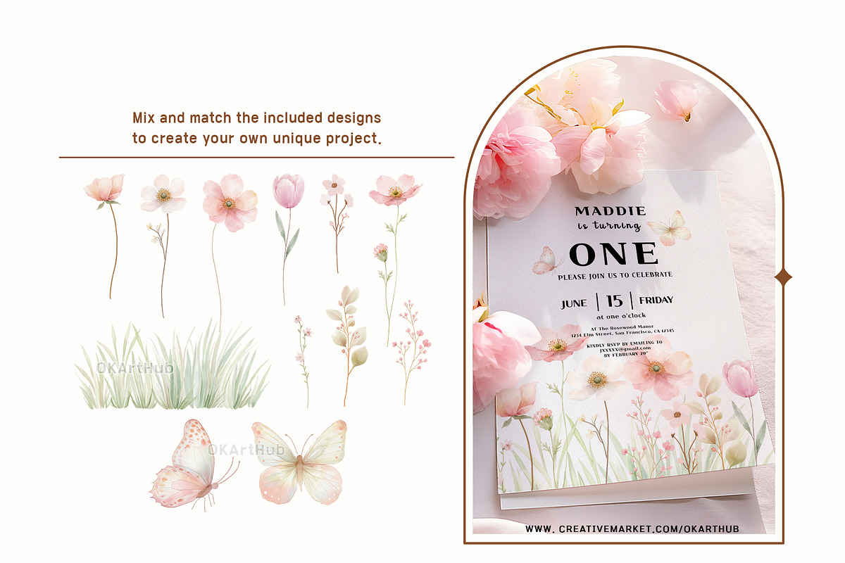 Pink Wildflower Butterfly Clipart, a Decorative Illustration by OKArtHub (Photo 8 of 11)