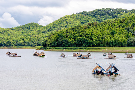 Bamboo rafts are floating restaurant featuring raft, bamboo, and restaurant, a Nature Photo by yongkiet jitwattanatam