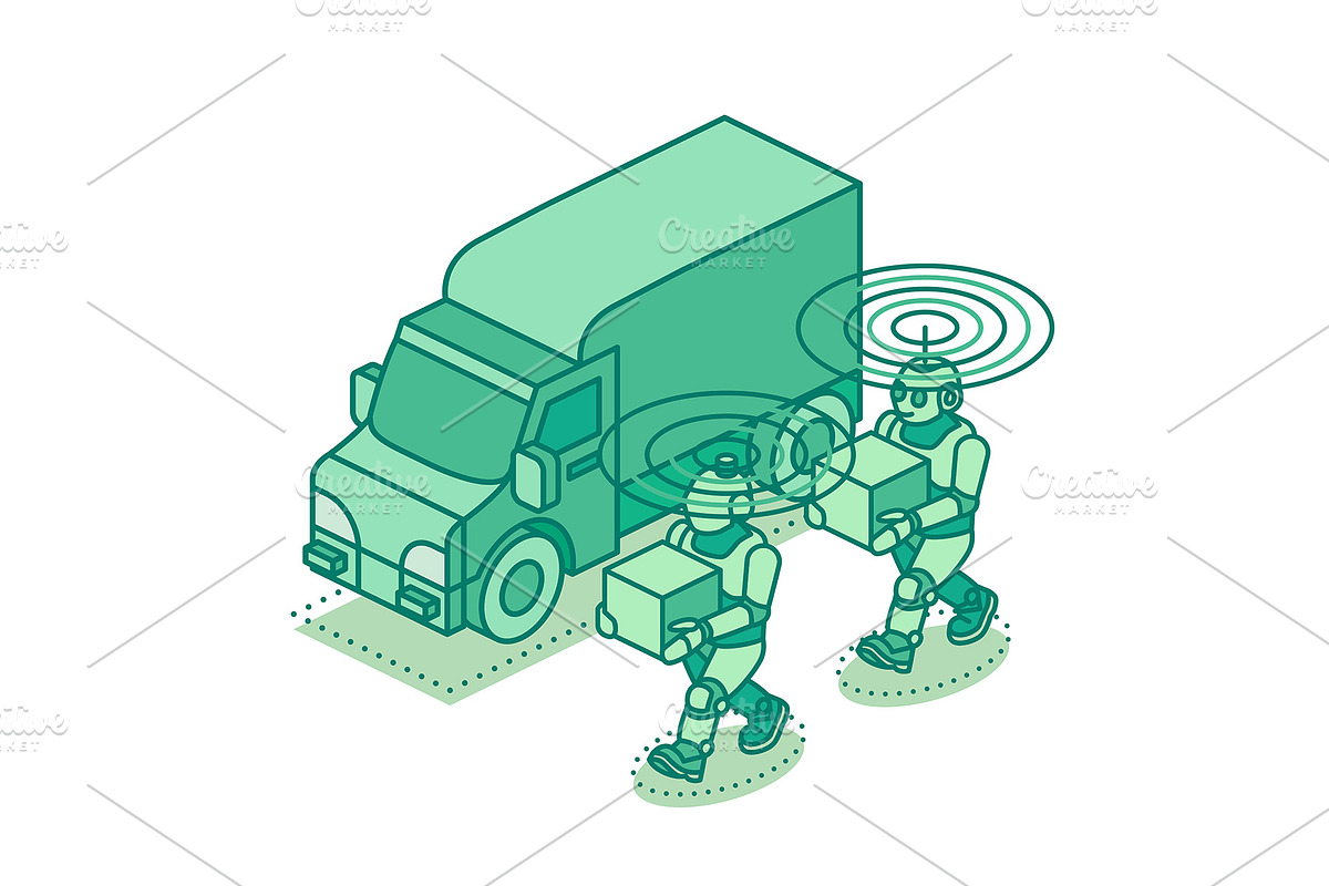 Isometric robots carrying boxes near, an Illustration by Booblgum