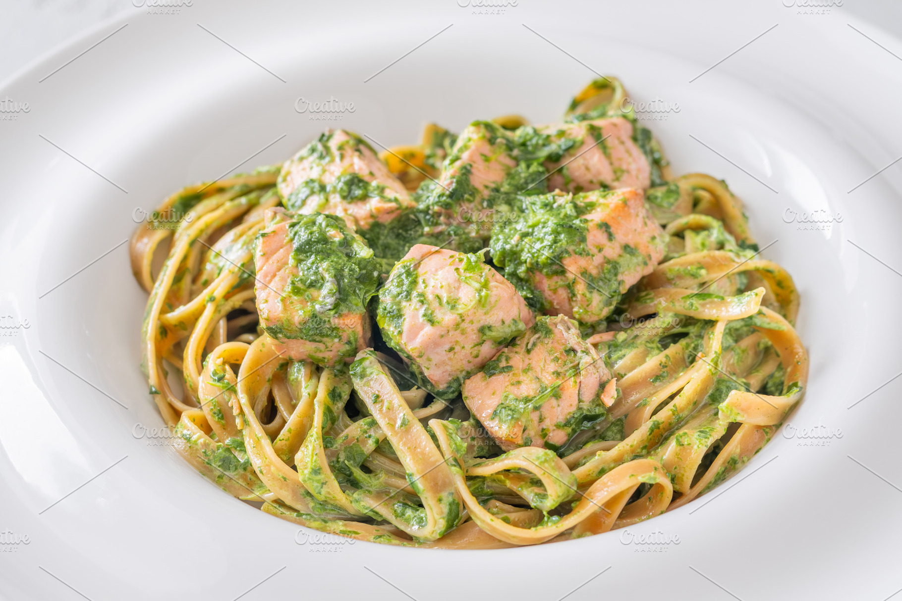 Salmon tagliatelle pasta, a Food & Drink Photo by Alexander Prokopenko
