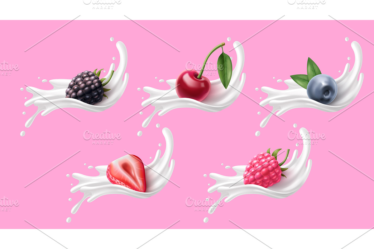 Milk splash set with 3D berries, a Food Illustration by art PVP - market