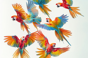 Six Macaws in Flight Vibrant Colors, an Animal Photo by Pixeness Studio