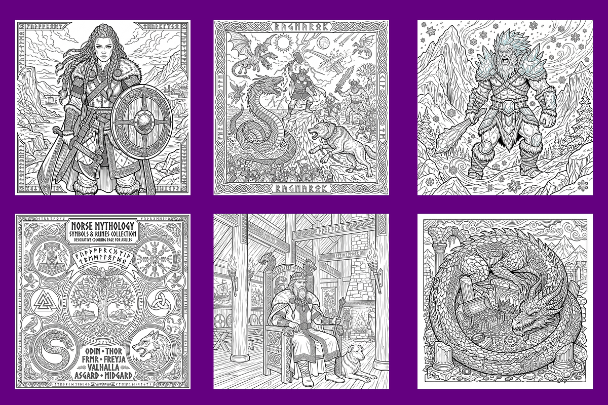 Norse Myth Coloring Pages, a Decorative Illustration by BerryPieArt (Photo 3 of 3)