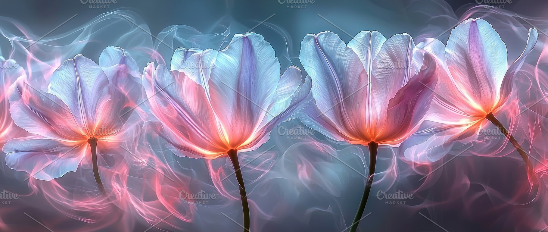 Glowing tulips with radiant petals surrounded by ethereal pink a, a Nature Photo by José Manuel Gelpi