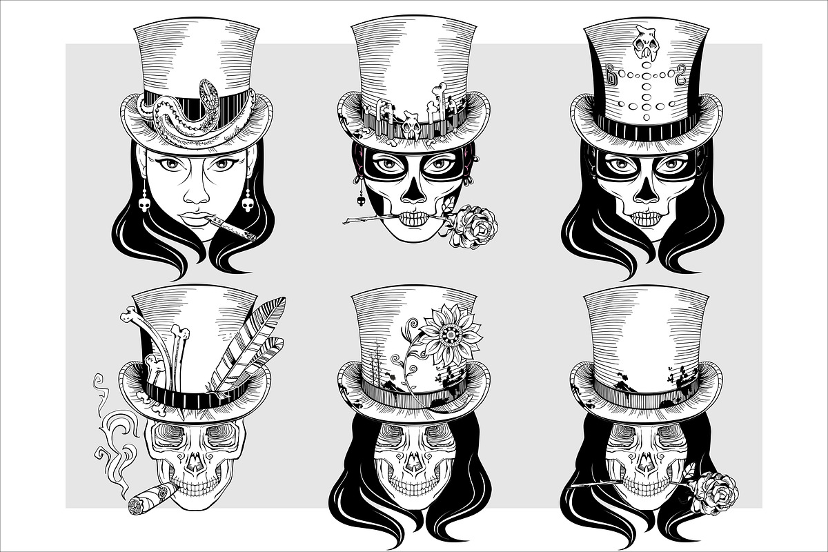Set of skulls in top-hat|Vector, a Decorative Illustration by Red Spruce's Vector Shop (Photo 1 of 4)
