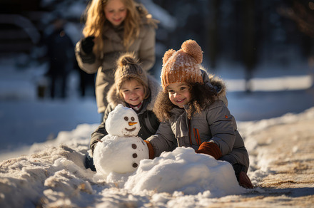 Joyful Children Building a Snowman in Winter Sunlight, Family Bonding Time, a Photo by AS photostudio