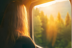 Woman looking out train window at, a Transportation Photo by Lermont51