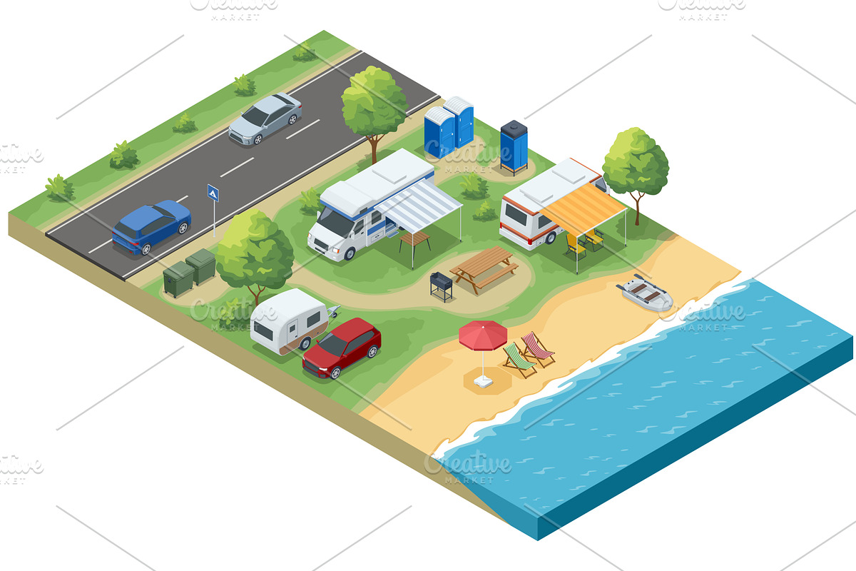 Isometric illustration of a seaside, a Transportation Illustration by Golden Sikorka