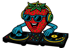Cool DJ strawberry cartoon spinning, a Food Illustration by AlexArt