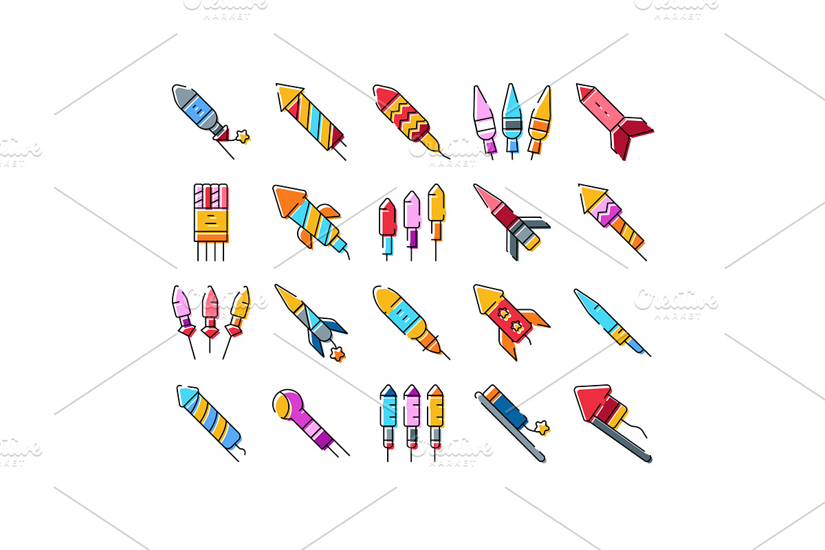 Colorful fireworks rockets icons, an Object Illustration by pikepicture