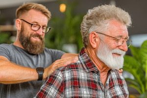 Mature man receives therapeutic care for wellness and relaxation in a bright se, a Health & Medical Photo by AS photostudio