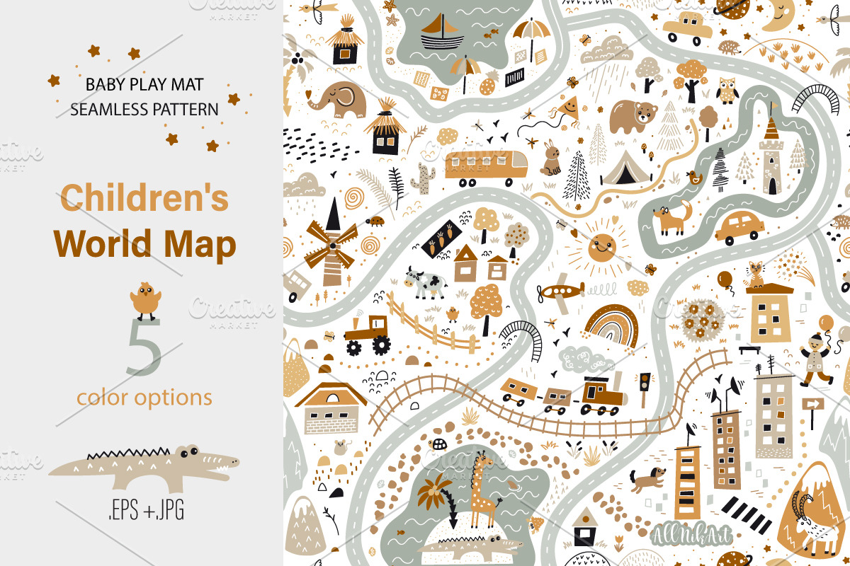 Children's World Map Play Mat, a Pattern Graphic by AllNikArt (Photo 1 of 6)