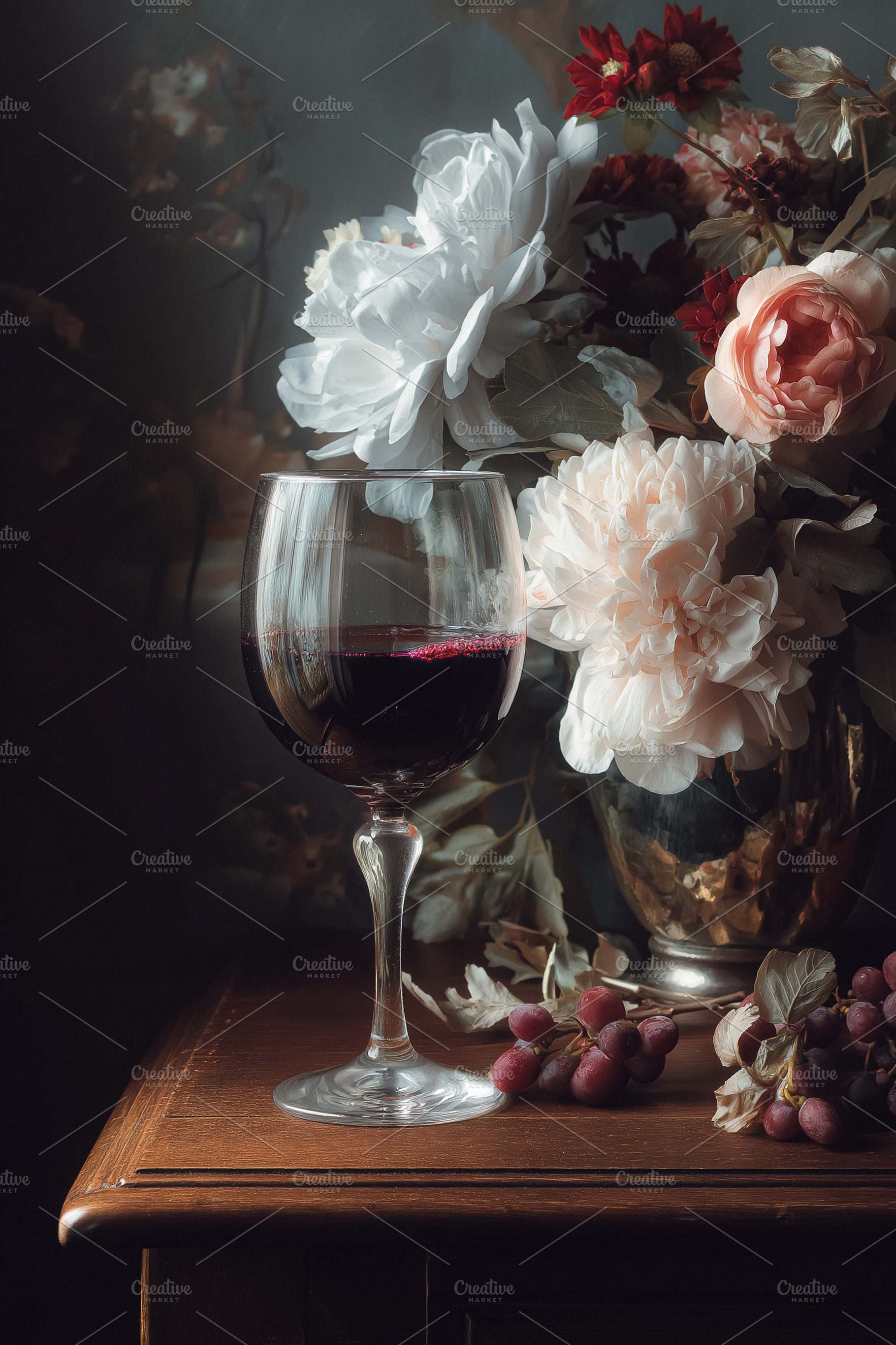 Red wine goblet sitting on a wooden table with a floral arrangement and grapes,, a Food & Drink Photo by Studio ANNA