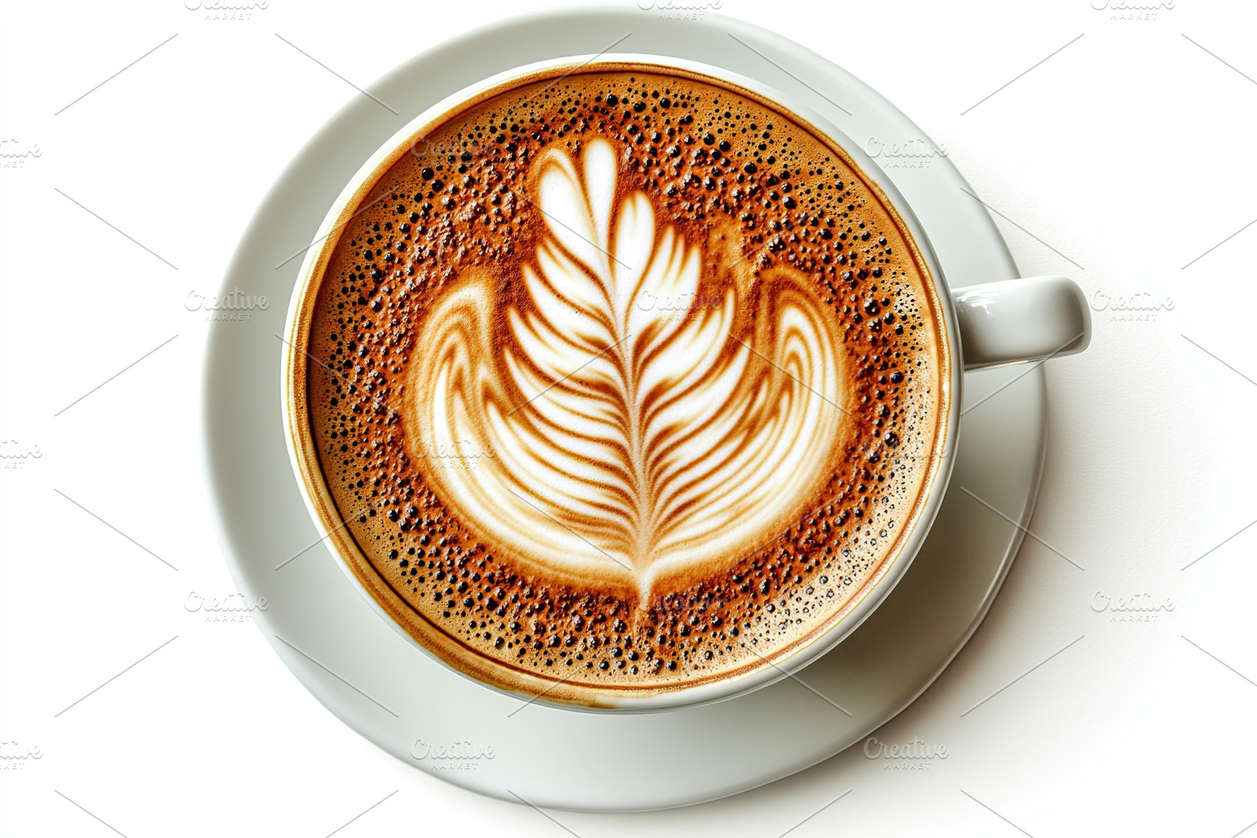 Cup of cappuccino with drawn leaf on white background, flat lay, a Food & Drink Photo by AlyaAnd