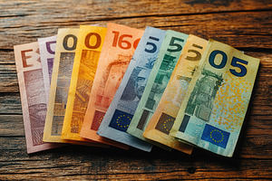 European currency notes laid out on, a Photo by Tanuart
