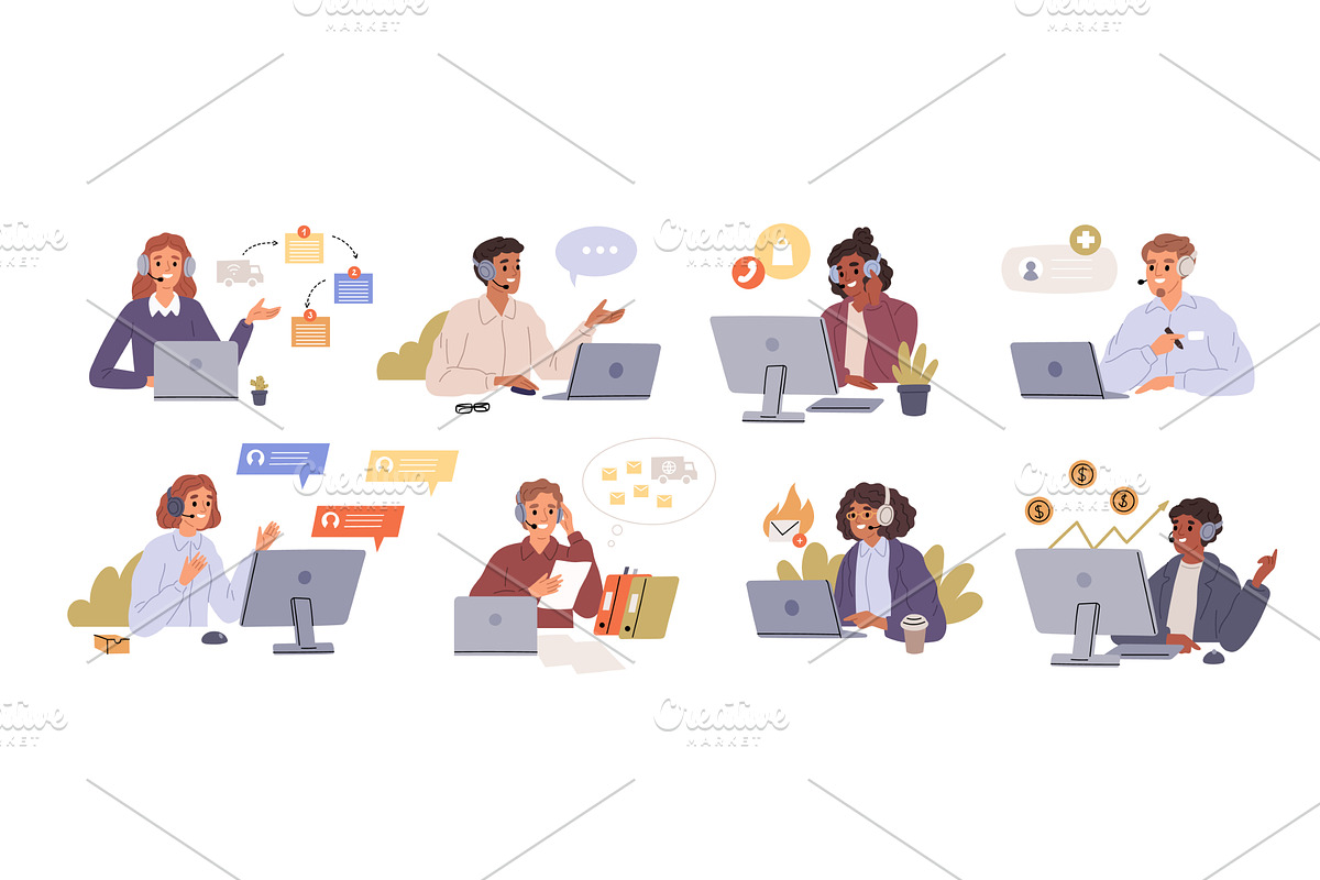 Call center workers. Online, a Person Illustration by YummyBuum