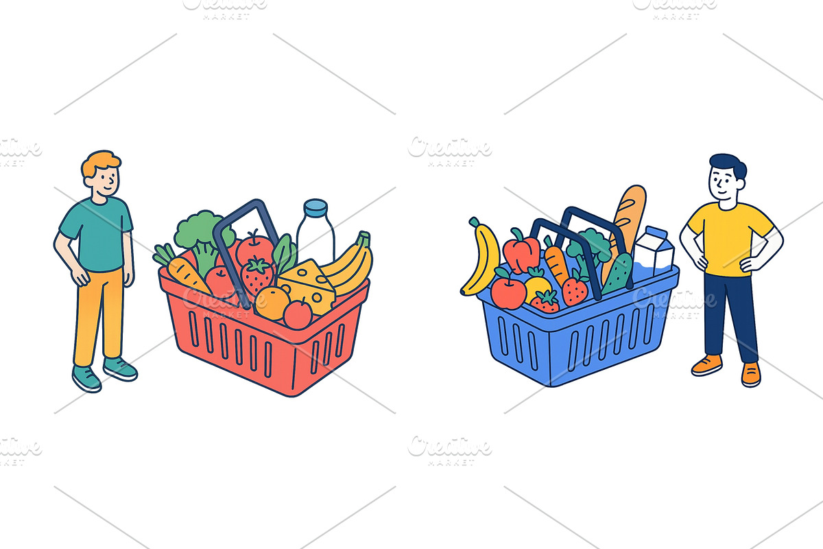 Different grocery baskets filled, a Food Illustration by ZinetroN