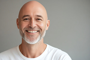Portrait of middle age bald man on grey background, a Person Photo by AlyaAnd