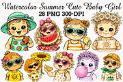 Watercolor Summer Cute Baby Girl PNG, an Illustration by RobertsArt (Thumbnail 1 of 5)