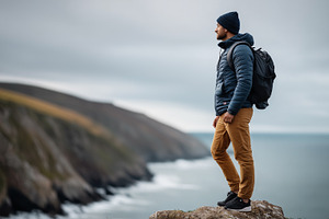 Man with backpack standing on cliff, a Sports & Recreation Photo by MistyDay