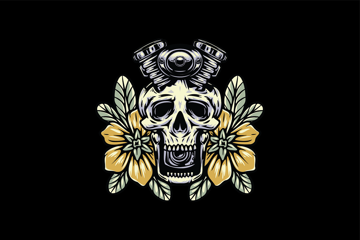 Skull with Pistons and Flowers, an Object Illustration by nomlimo.com (Photo 1 of 3)