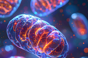 Cluster of mitochondria glowing with vibrant internal light, a Health & Medical Photo by GoodGoods
